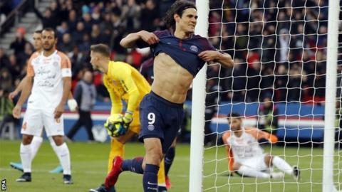 Edinson Cavani celebrates scoring against Montpellier