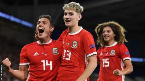 Wales' Ethan Ampadu, Connor Roberts and David Brooks
