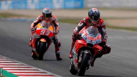 Jorge Lorenzo leads Marc Marquez at the MotoGP race in Catalunya