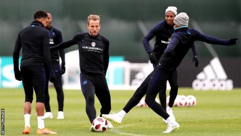 Harry Kane in training with England team-mates