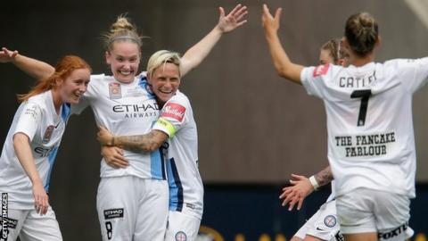 Kim Little (second left) celebrates scoring for Melbourne City in the W-League Grand Final against Sydney