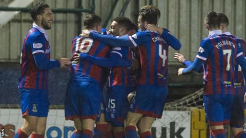 Jake Mulraney is mobbed by Inverness team-mates after scoring