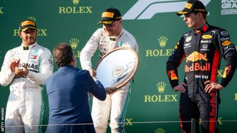 Mercedes' Lewis Hamilton (left) and Valtteri Bottas (centre) with Red Bull's Max Verstappen (right)