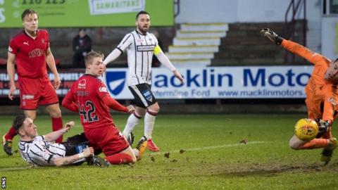 Dunfermline's Declan McManus (on ground) scores against Falkirk