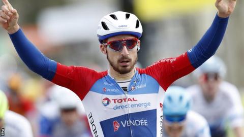 Niccolo Bonifazio celebrates winning stage five of Paris-Nice