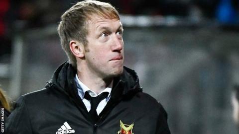 Ostersunds manager Graham Potter celebrates his team's second goal against Athletic Bilbao