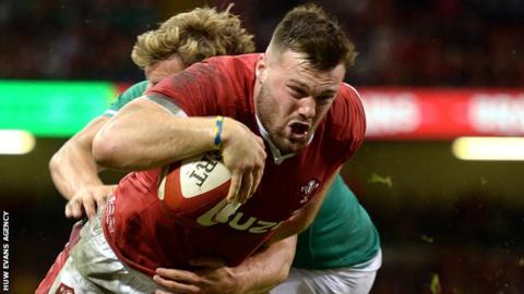 Wing Owen Lane scores for Wales against Ireland in August 2019
