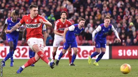 Jordan Hugill converts a penalty for Middlesbrough's first goal against Ipswich