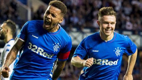 James Tavernier and Glenn Middleton celebrate the former's penalty for Rangers against FK Shkupi