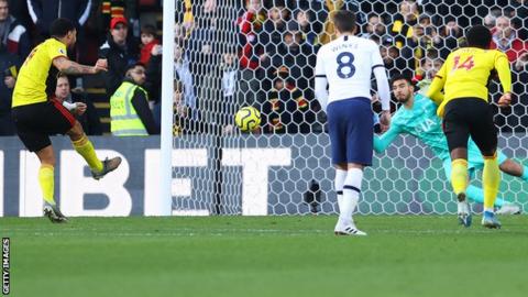 Troy Deeney misses a penalty for Watford against Tottenham