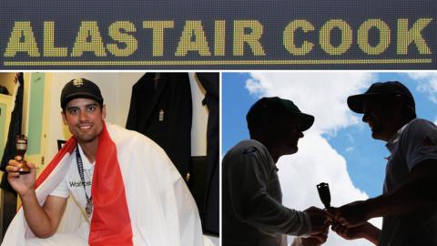Alastair Cook with the Ashes, split image