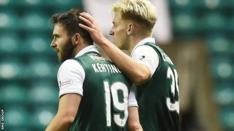 James Keatings (left) is congratulated by fellow Hibs striker Jason Cummings