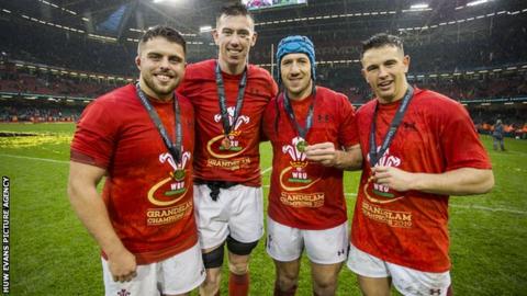 Ospreys quartet Nicky Smith, Adam Beard, Justin Tipuric, Owen Watkin celebrating Wales' 2019 Grand Slam