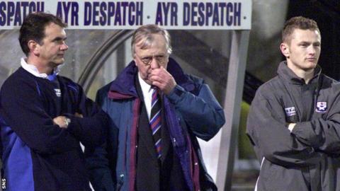 Bill Barr (centre) in the Ayr United dugout with then manager Gordon Dalziel