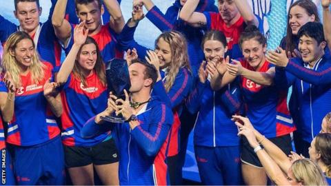 Energy Standard celebrating their International Swimming League victory