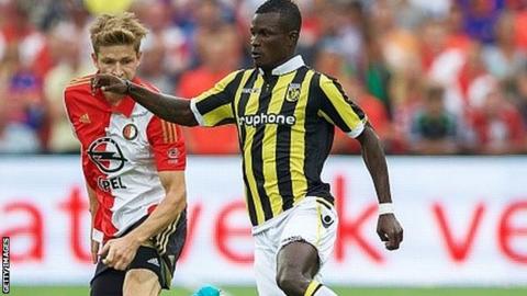 Abiola Dauda (right) runs with the ball for Vitesse Arnhem