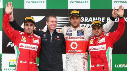 Jenson Button celebrates his last race win in 2012