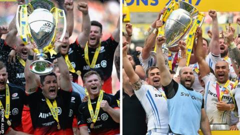 Saracens and Exeter celebrate winning the Premiership final