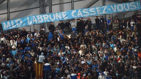 Marseille fans with protest banner