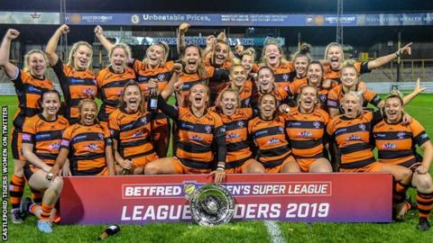 Castleford Tigers Women celebrate winning the Women's Super League leaders' shield