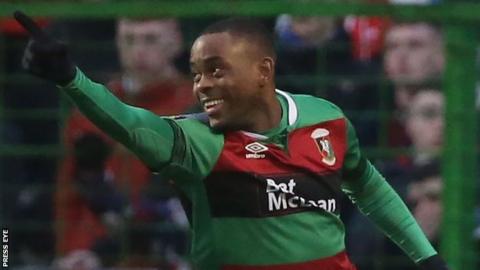 Elvio van Overbeek celebrates scoring Glentoran's opener against Linfield