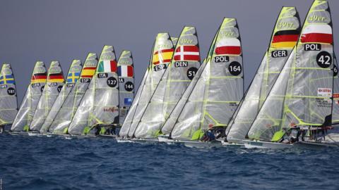 49er class start during the 3rd day of the '50 Trofeo S.A.R Princesa Sofia Iberostar Sailing Race'