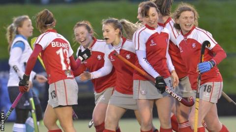 Pegasus celebrate their winning goal against Ulster Elks on Saturday