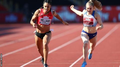 Beth Dobbin races against Jodie Williams in the 200m Muller British Athletics Championships