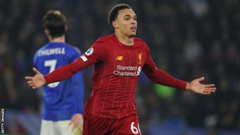 Trent Alexander-Arnold celebrates his goal for Liverpool against Leicester City
