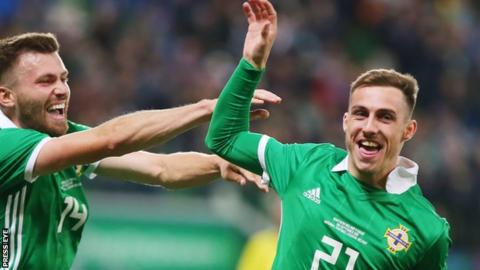 Gavin Whyte celebrates scoring on his Northern Ireland debut against Israel in September
