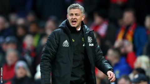 Manchester United manager Ole Gunnar Solskjaer shouts from the touchline during a Premier League game