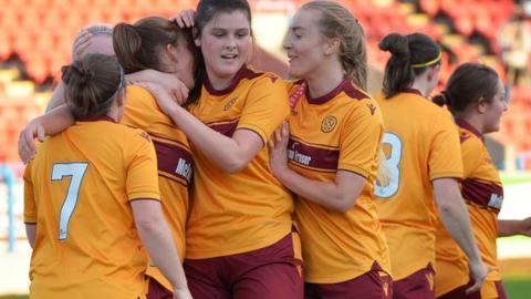 Maxine Welsh (right) celebrates for Motherwell agaisnt Spartans