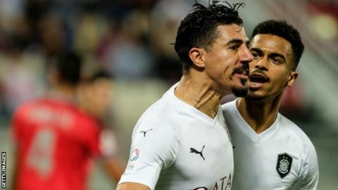 Algeria's Baghdad Bounedjah celebrates a goal for Qatar's Al Sadd