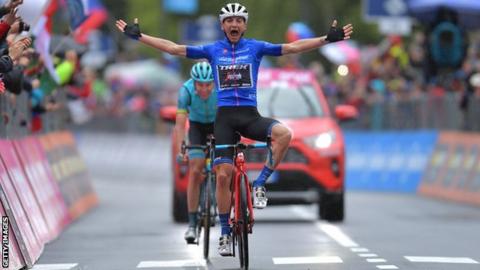 Giulio Ciccone celebrates victory on stage 16 of the 2019 Giro d'Italia