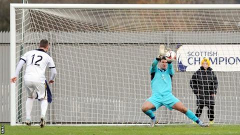 Dundee goalkeeper Kyle Letheren saves Bryan Prunty's penalty for Dumbarton