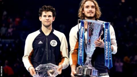 Dominic Thiem and Stefanos Tsitsipas with their trophies