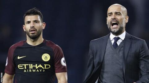 Manchester City striker Sergio Aguero (left) and manager Pep Guardiola