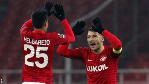 Spartak Moscow's Lorenzo Melgarejo celebrates with Salvatore Bocchetti