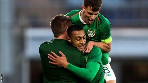 Adam Idah (middle) scored twice in Stephen Kenny's first competitive game in charge of the Republic of Ireland Under 21s
