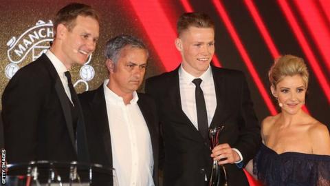 Jose Mourinho (second left) and Scott McTominay (second right)