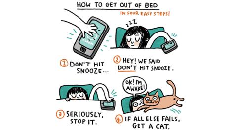 Cartoon by Gemma Correll: How to get out of bed - get a cat!