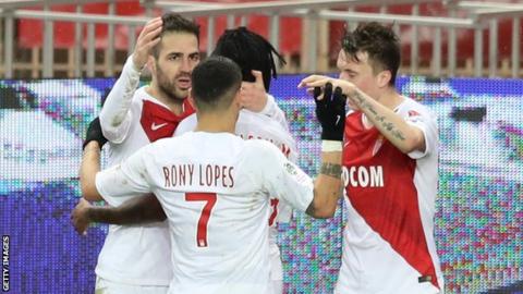 Cesc Fabregas celebrates his first goal for Monaco against Toulouse in Ligue 1