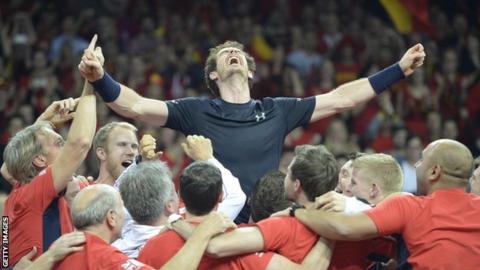 Andy Murray is lifted aloft by his Great Britain team-mates after winning the Davis Cup in 2015