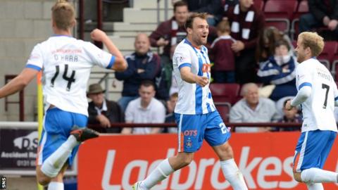 Kilmarnock's Conrad Balatoni (centre) celebrates his equaliser