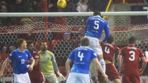 St Johnstone's Joe Shaughnessy heads the opening goal