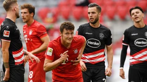 Bayern Munich defender Benjamin Pavard (centre) has scored two goals in four games since the Bundesliga season resumed earlier this month