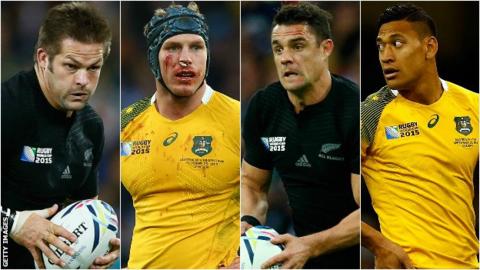 New Zealand captain Richie McCaw, Australia number eight David Pocock, New Zealand fly-half Dan Carter and Australia full-back Israel Folau