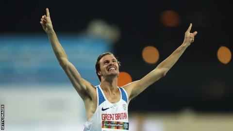 Paul Blake celebrates as he crosses the line to claim gold in the T36 800m at the World Para-Athletics Championships.