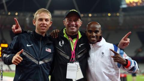 Alberto Salazar celebrates with Galen Rupp and Mo Farah at the London 2012 Olympics
