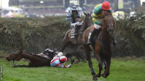 A horse falls during the Grand National at Aintree